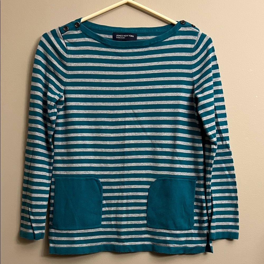 Jones New York Teal and Grey Striped Sweater Size S